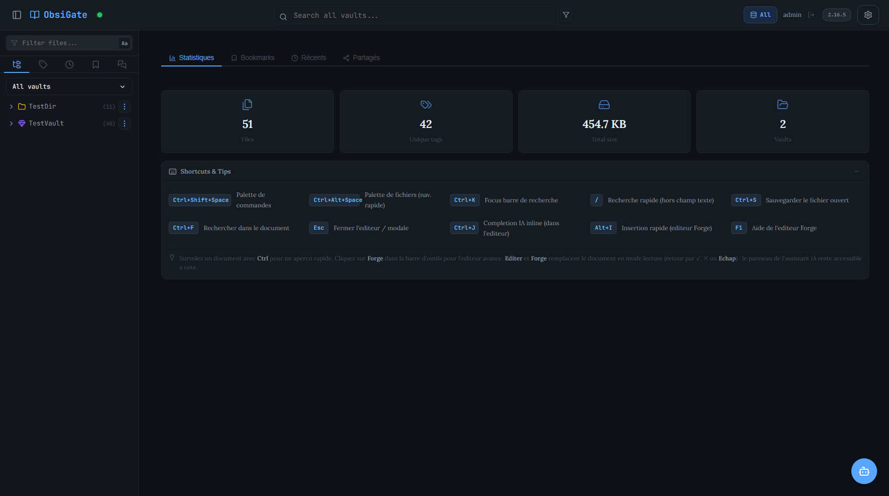 ObsiGate interface — statistics dashboard with vaults, tags and keyboard shortcuts